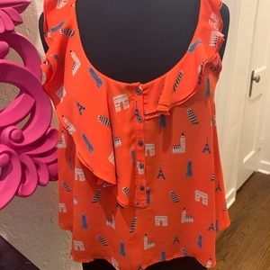 ANTHROPOLOGIE MAEVE Orange Print Top! Ruffles! Like new! 4P or Small